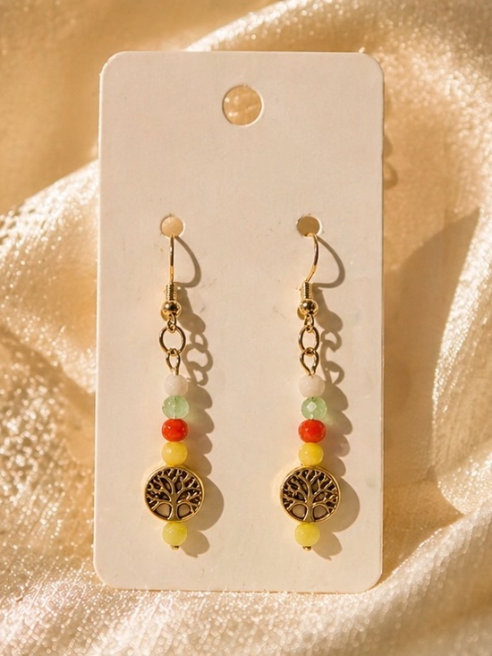 None Jewelry - Gold Tree of Life Dangle Earrings with Yellow, Red & Green Beads